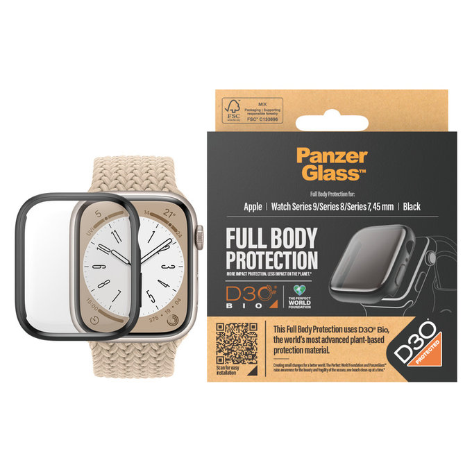 Edzett üveg Full Body D3O Apple Watch 9/8/7 45 mm készülékhez, Fekete, PanzerGlass