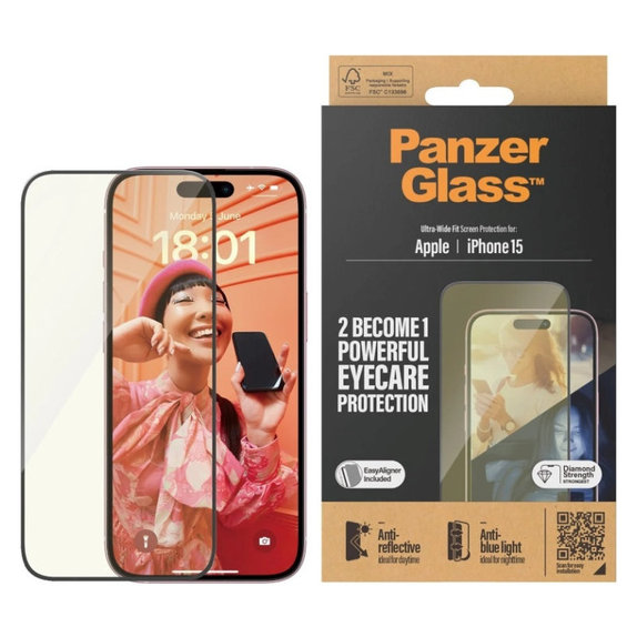Edzett üveg UWF Eyecare applikátorral iPhone 15 készülékhez, Fekete, PanzerGlass