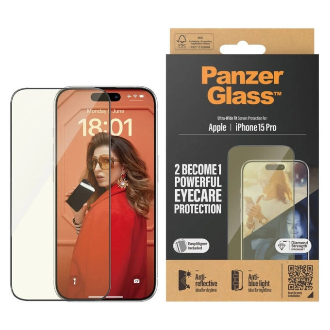 Edzett üveg UWF Eyecare applikátorral iPhone 15 Pro készülékhez, Fekete, PanzerGlass