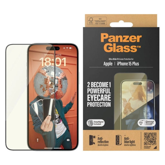 Edzett üveg UWF Eyecare applikátorral iPhone 15 Plus készülékhez, Fekete, PanzerGlass
