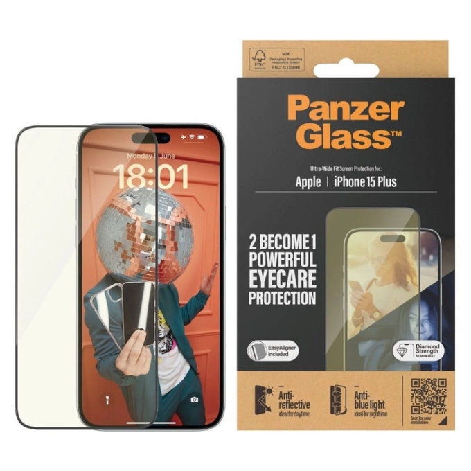 Edzett üveg UWF Eyecare applikátorral iPhone 15 Plus készülékhez, Fekete, PanzerGlass