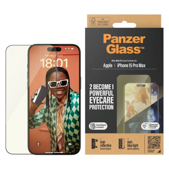 Edzett üveg UWF Eyecare applikátorral iPhone 15 Pro Max készülékhez, Fekete, PanzerGlass