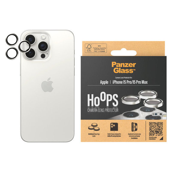 Kameralencse-védő Hoops iPhone 15 Pro/15 Pro Max készülékhez, White Metal, PanzerGlass