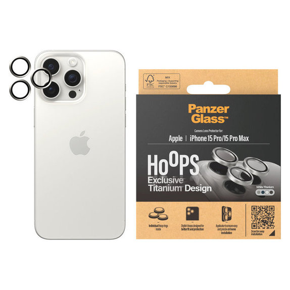Kameralencse-védő Hoops iPhone 15 Pro/15 Pro Max készülékhez, White Titanium, PanzerGlass