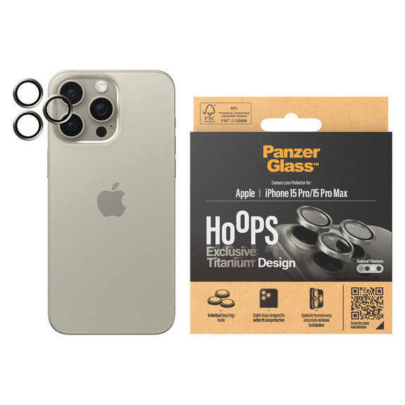 Kameralencse-védő Hoops iPhone 15 Pro/15 Pro Max készülékhez, Natural Titanium, PanzerGlass