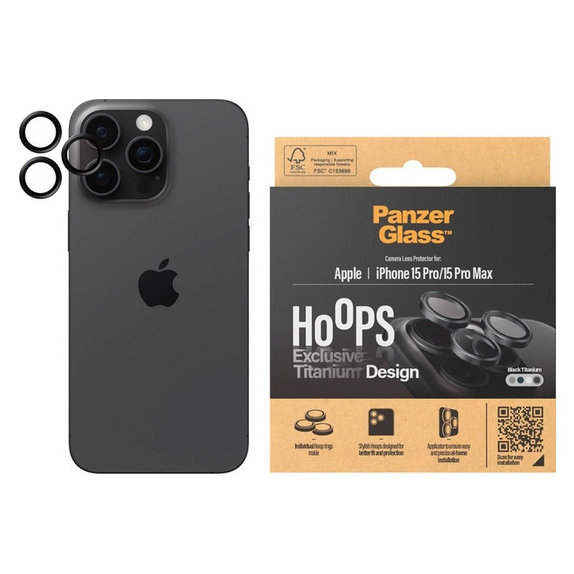 Kameralencse-védő Hoops iPhone 15 Pro/15 Pro Max készülékhez, Black Titanium, PanzerGlass