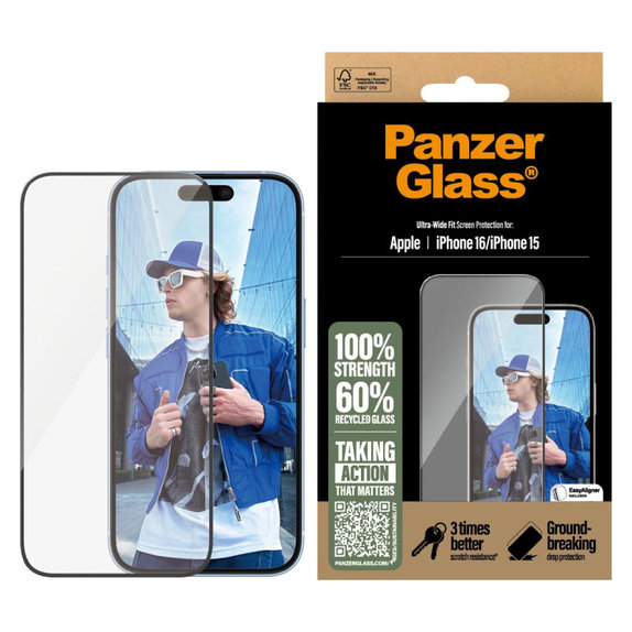 UWF edzett üveg applikátorral iPhone 16/15 készülékhez, Fekete, PanzerGlass