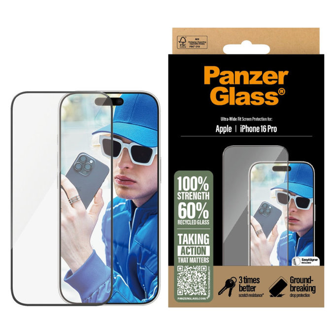 Edzett üveg UWF applikátorral iPhone 16 Pro készülékhez, Fekete, PanzerGlass