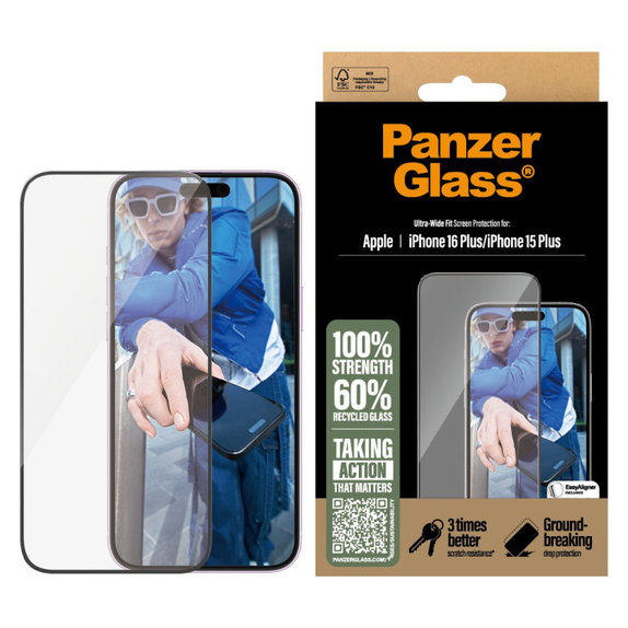 Edzett üveg UWF applikátorral iPhone 16 Plus/15 Plus készülékhez, Fekete, PanzerGlass