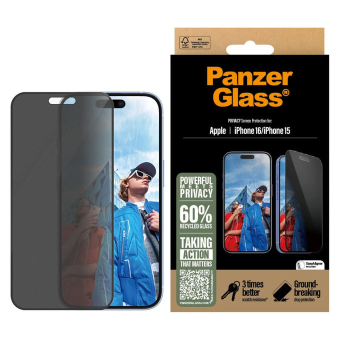 UWF Privacy edzett üveg applikátorral iPhone 16/15 készülékhez, Fekete, PanzerGlass