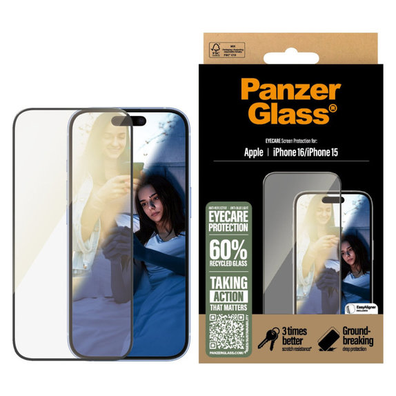 Edzett üveg UWF Eyecare applikátorral iPhone 16/15 készülékhez, Fekete, PanzerGlass