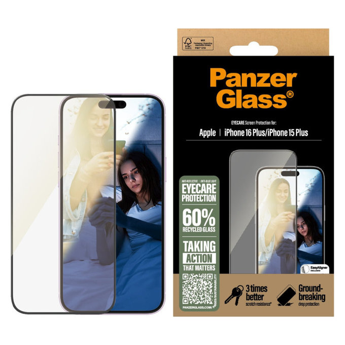 Edzett üveg UWF Eyecare applikátorral iPhone 16 Plus/15 Plus készülékhez, Fekete, PanzerGlass