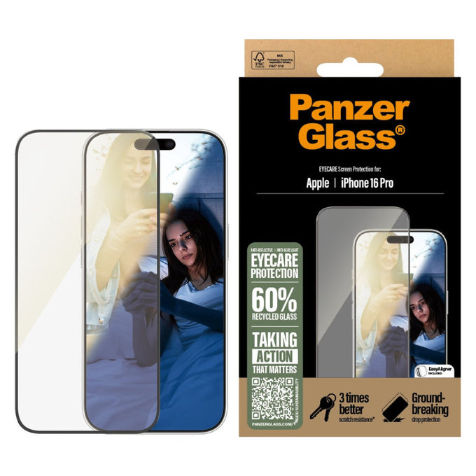 Edzett üveg UWF Eyecare applikátorral iPhone 16 Pro készülékhez, Fekete, PanzerGlass