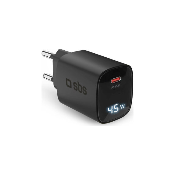 Utazási adapter LCD USB-C, GaN, 45 W PD, fekete, SBS