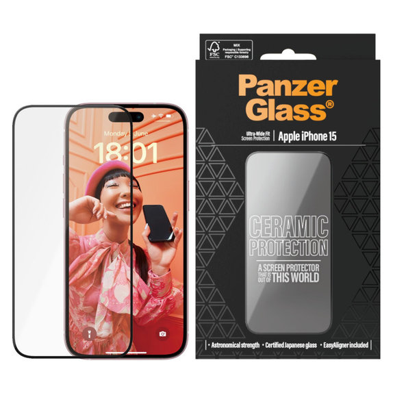 Edzett üveg UWF Ceramic applikátorral iPhone 15 készülékhez, Fekete, PanzerGlass