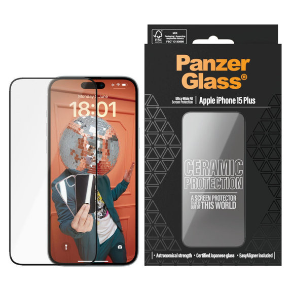Edzett üveg UWF Ceramic applikátorral iPhone 15 Plus készülékhez, Fekete, PanzerGlass