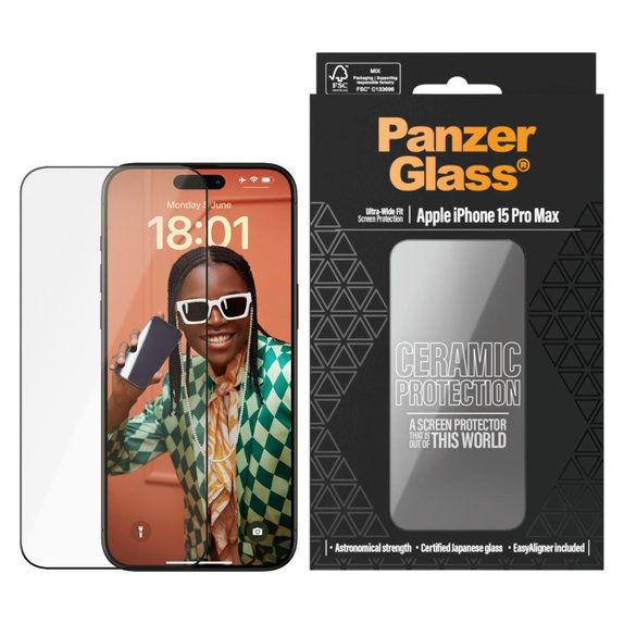 Edzett üveg UWF Ceramic applikátorral iPhone 15 Pro Max készülékhez, Fekete, PanzerGlass