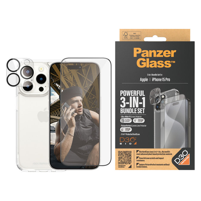 Bundle PicturePerfect + Edzett üveg UWF + Hard Case D3O iPhone 15 Pro készülékhez, PanzerGlass