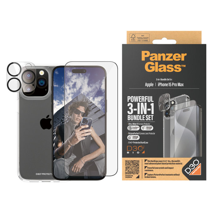Bundle PicturePerfect + Edzett üveg UWF + Hard Case D3O iPhone 15 Pro Max készülékhez, PanzerGlass