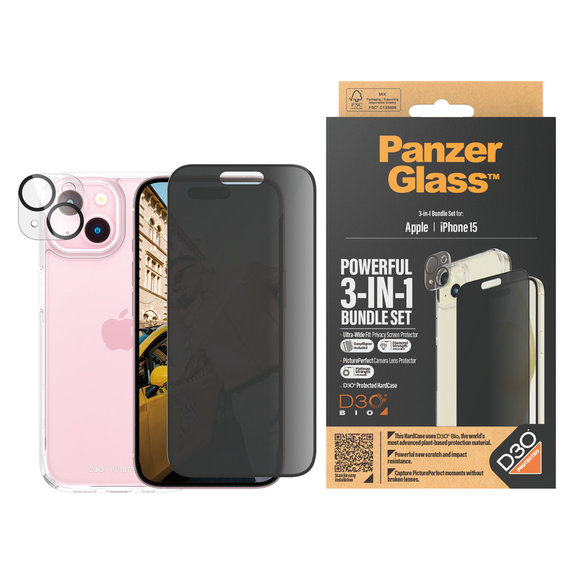 Bundle PicturePerfect + Edzett üveg UWF Privacy + Hard Case D3O iPhone 15 készülékhez, PanzerGlass