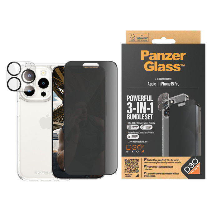 Bundle PicturePerfect + Edzett üveg UWF Privacy + Hard Case D3O iPhone 15 Pro készülékhez, PanzerGlass