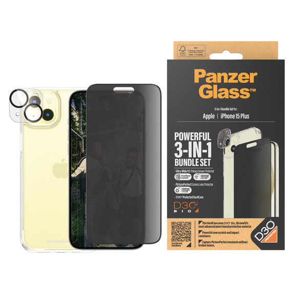 Bundle PicturePerfect + Edzett üveg UWF Privacy + Hard Case D3O iPhone 15 Plus készülékhez, PanzerGlass