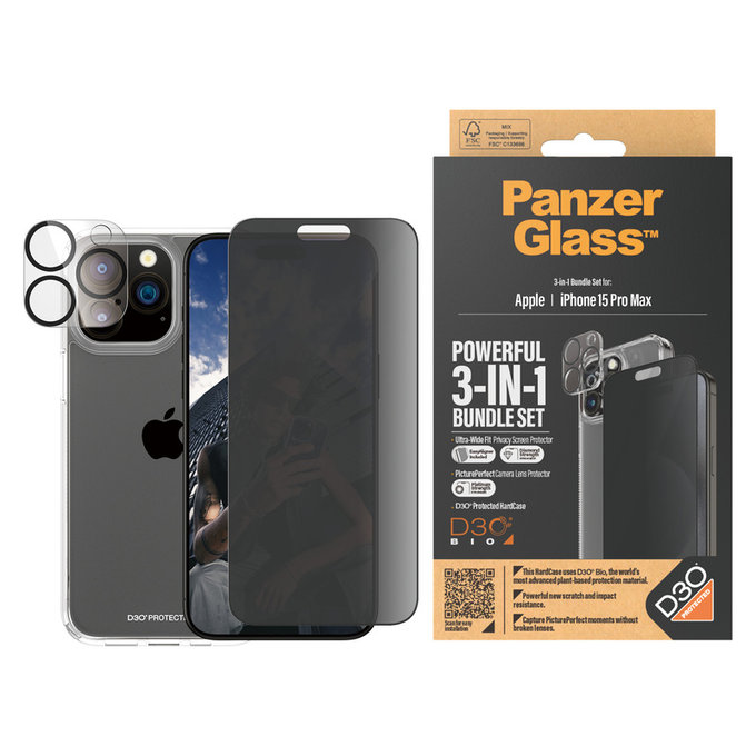 Bundle PicturePerfect + Edzett üveg UWF Privacy + Hard Case D3O iPhone 15 Pro Max készülékhez, PanzerGlass