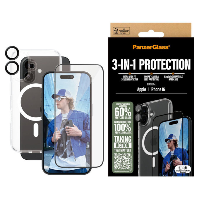 Bundle 3 az 1-ben Hoops + UWF edzett üveg + Hard Case iPhone 16 készülékhez, PanzerGlass