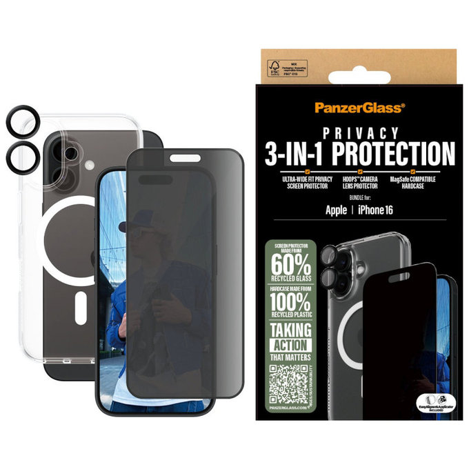 Bundle Hoops + UWF Privacy edzett üveg + Hard Case iPhone 16 készülékhez, PanzerGlass