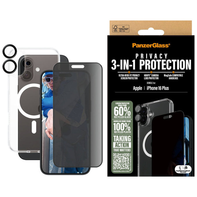 Bundle Hoops + UWF Privacy edzett üveg + Hard Case iPhone 16 Plus készülékhez, PanzerGlass