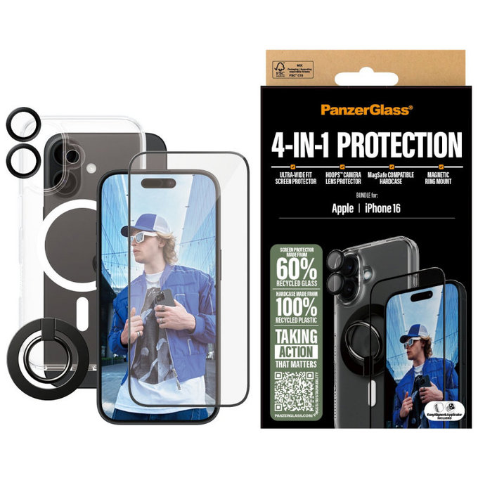 Bundle Hoops + UWF edzett üveg + Hard Case + Magnetic Ring Mount iPhone 16 készülékhez, PanzerGlass