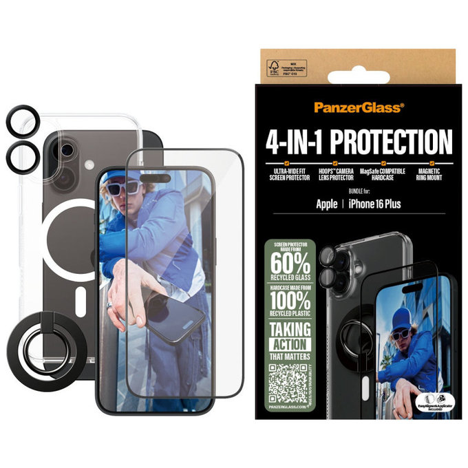 Bundle Hoops + UWF edzett üveg + Hard Case + Magnetic Ring Mount iPhone 16 Plus készülékhez, PanzerGlass