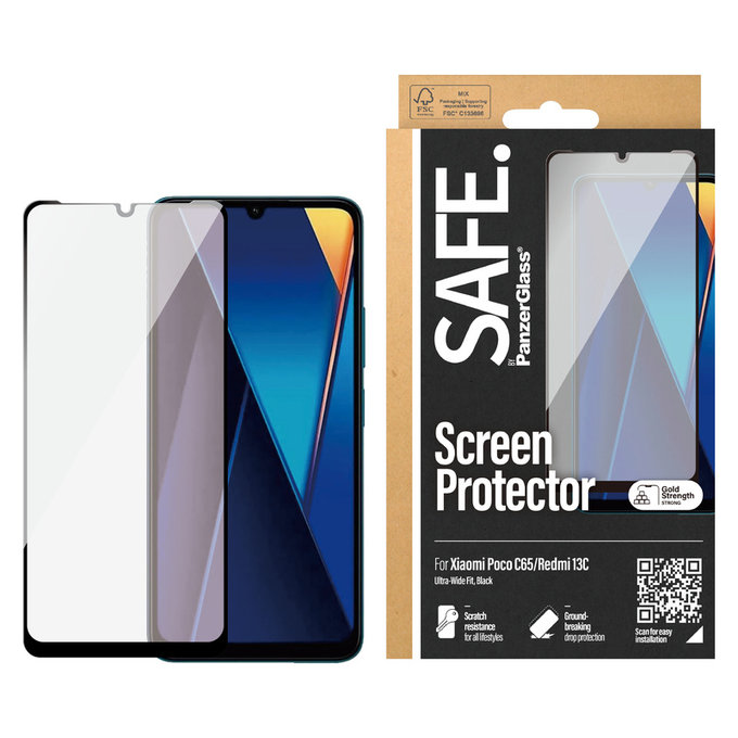 Edzett üveg UWF Xiaomi Redmi 13C 5G készülékhez, Fekete, SAFE by PanzerGlass