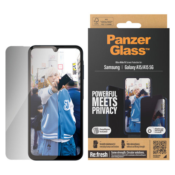 Edzett üveg UWF Privacy applikátorral Samsung Galaxy A15/A15 5G készülékhez, Fekete, PanzerGlass