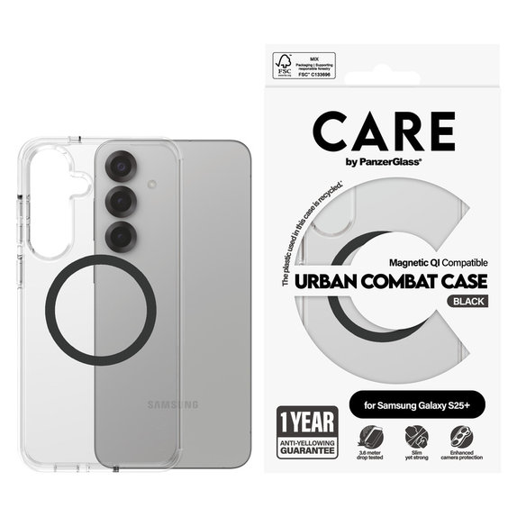 Tok Urban Combat fekete QI-val Samsung Galaxy S25+ készülékhez, Átlátszó, PanzerGlass