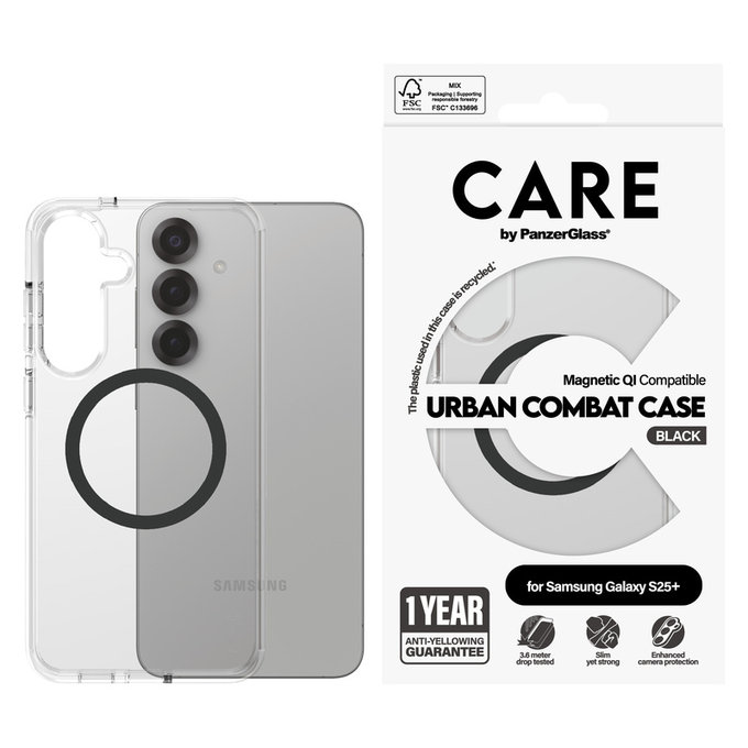 Tok Urban Combat fekete QI-val Samsung Galaxy S25+ készülékhez, Átlátszó, PanzerGlass