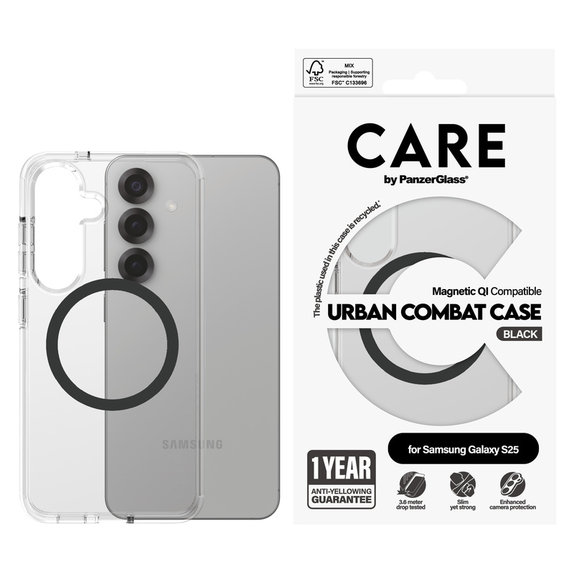 Tok Urban Combat fekete QI-val Samsung Galaxy S25 készülékhez, Átlátszó, PanzerGlass