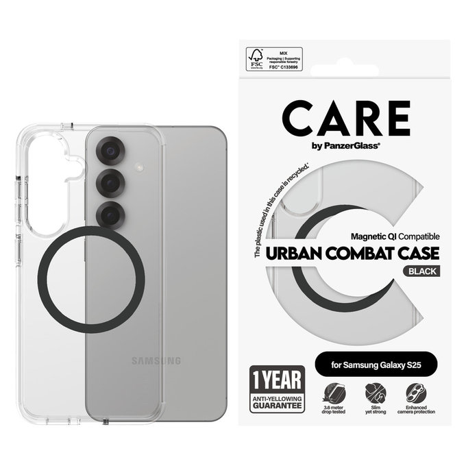 Tok Urban Combat fekete QI-val Samsung Galaxy S25 készülékhez, Átlátszó, PanzerGlass