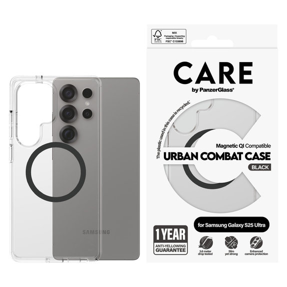 Tok Urban Combat fekete QI-val Samsung Galaxy S25 Ultra készülékhez, Átlátszó, PanzerGlass