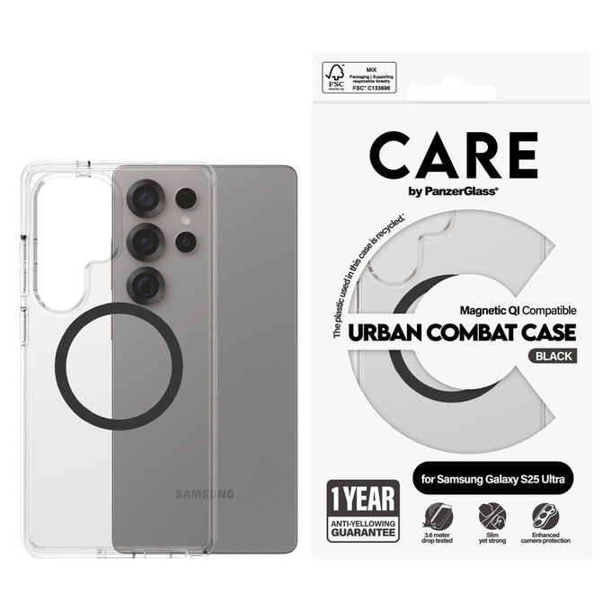Tok Urban Combat fekete QI-val Samsung Galaxy S25 Ultra készülékhez, Átlátszó, PanzerGlass