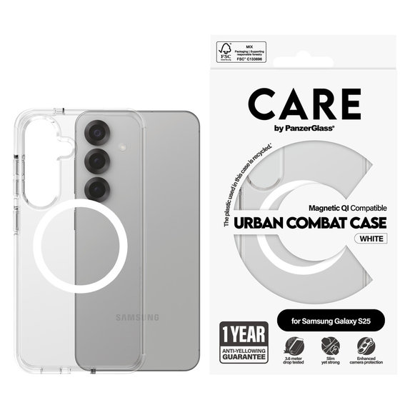 Tok Urban Combat fehér QI-val Samsung Galaxy S25 készülékhez, Átlátszó, PanzerGlass