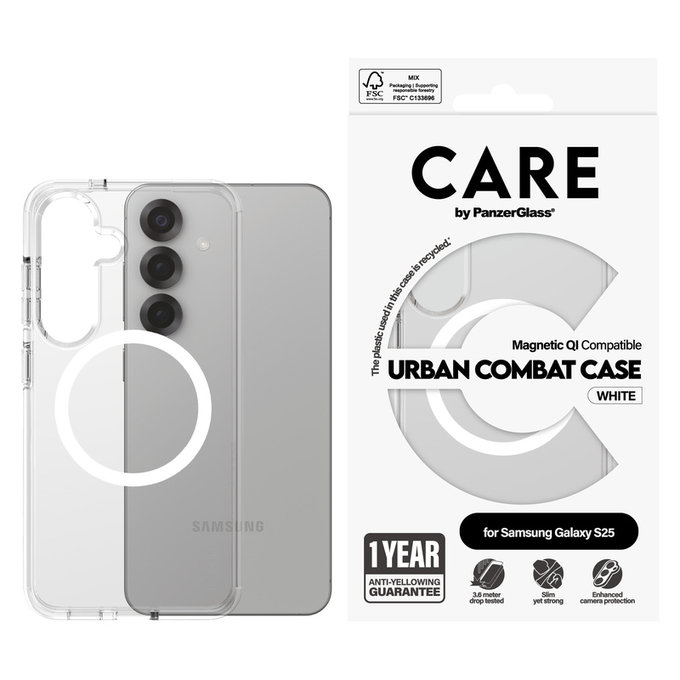 Tok Urban Combat fehér QI-val Samsung Galaxy S25 készülékhez, Átlátszó, PanzerGlass