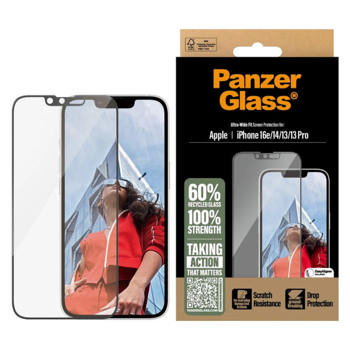 UWF edzett üveg applikátorral iPhone 17e/16e/14/13/13 Pro készülékhez, Fekete, PanzerGlass