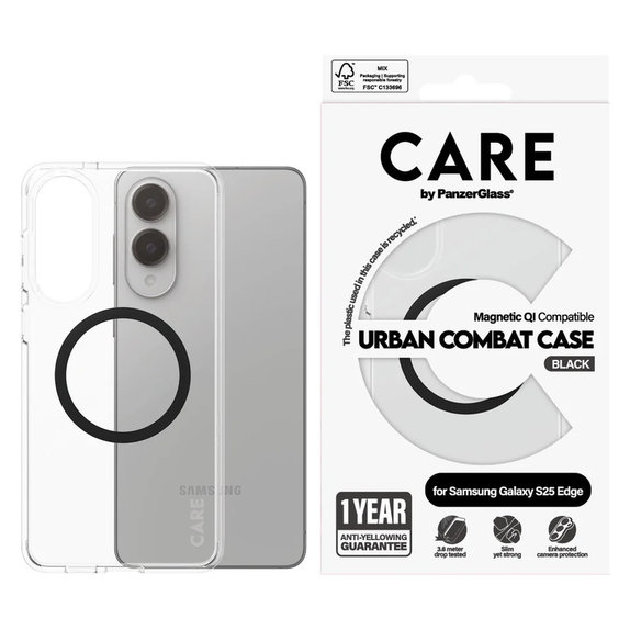Tok Urban Combat fekete QI-val Samsung Galaxy S25 Edge készülékhez, Átlátszó, PanzerGlass
