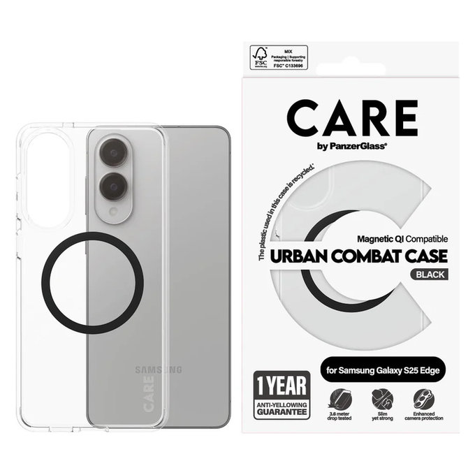 Tok Urban Combat fekete QI-val Samsung Galaxy S25 Edge készülékhez, Átlátszó, PanzerGlass