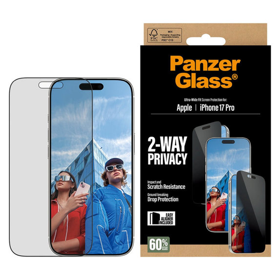 UWF 2-Way Privacy edzett üveg applikátorral iPhone 17 Pro készülékhez, Fekete, PanzerGlass