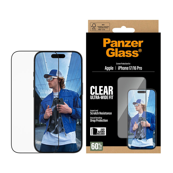 UWF edzett üveg applikátorral iPhone 17/16 Pro, Fekete, PanzerGlass