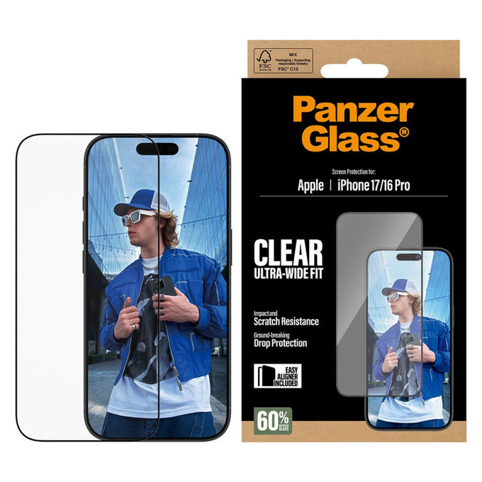 UWF edzett üveg applikátorral iPhone 17/16 Pro, Fekete, PanzerGlass