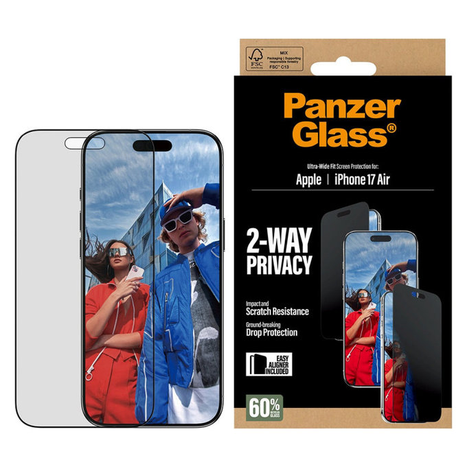 Edzett üveg UWF 2-Way Privacy applikátorral iPhone 17 Air készülékhez, Fekete, PanzerGlass