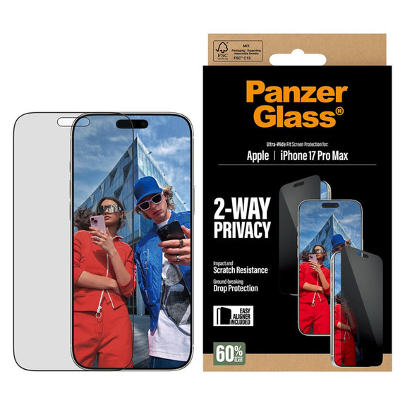 UWF 2-Way Privacy edzett üveg Fastfit applikátorral iPhone 17 Pro Max készülékhez, Fekete, PanzerGlass